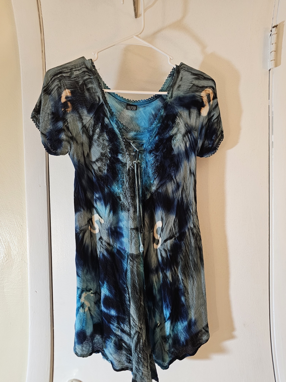 Tie-Dye Lace-Up Women’s Blouse - Blue Teal
